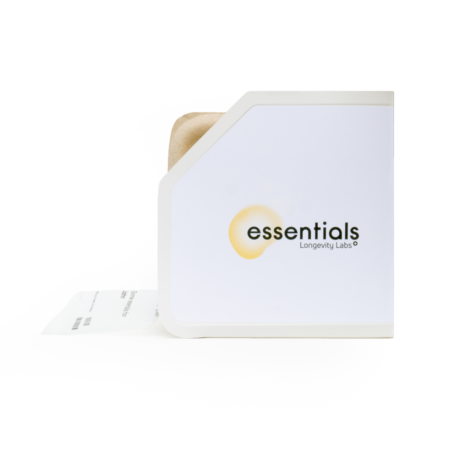A white box labeled "Essentials autophagyCOMPLETE Multi-Pack spermidineLIFE® US" with a partially visible brown paper bag inside. A white receipt or sheet of paper extends from the bottom left corner of the box, perhaps detailing supplements like Green Tea Extract or Resveratrol+.