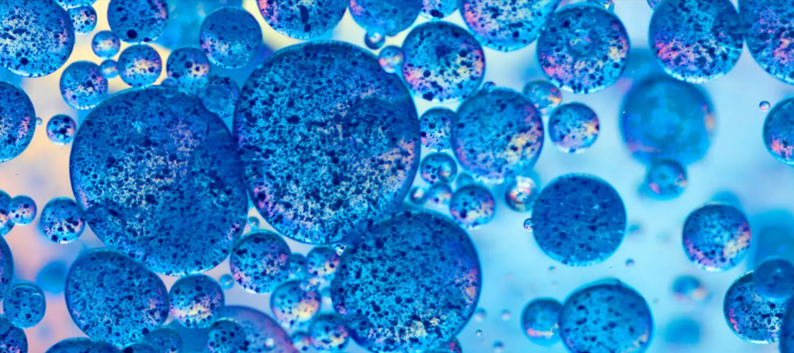 A close up of blue bubbles on a blue background representing spermidineLIFE and cellular health.