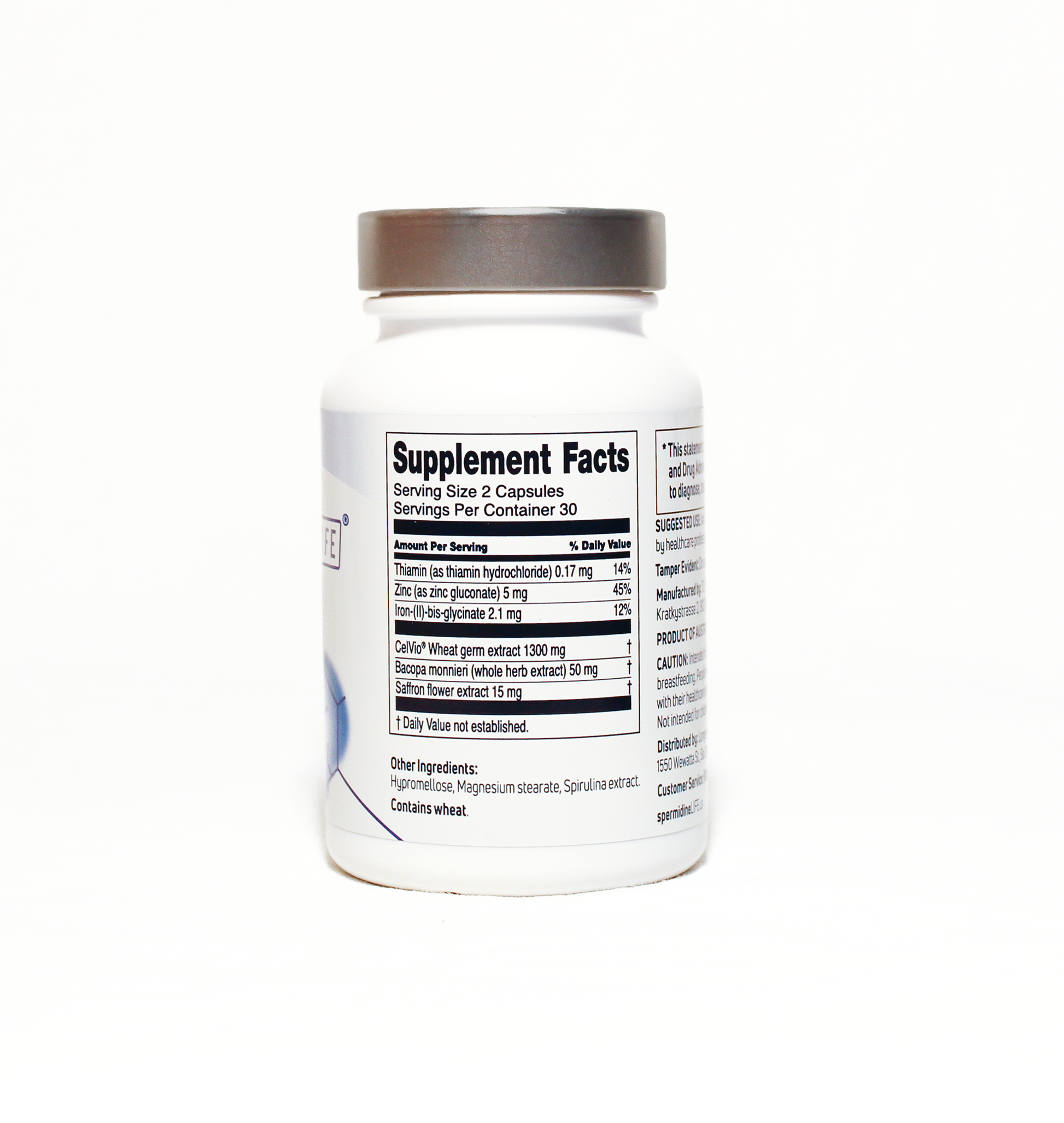 A white supplement bottle with a grey cap, labeled "spermidineLIFE® Memory+ 1300mg Dietary Supplement" by Longevity Labs, Inc., showcasing serving size, ingredients, and nutritional information. It features natural spermidine-rich wheat germ extract to support brain cells.