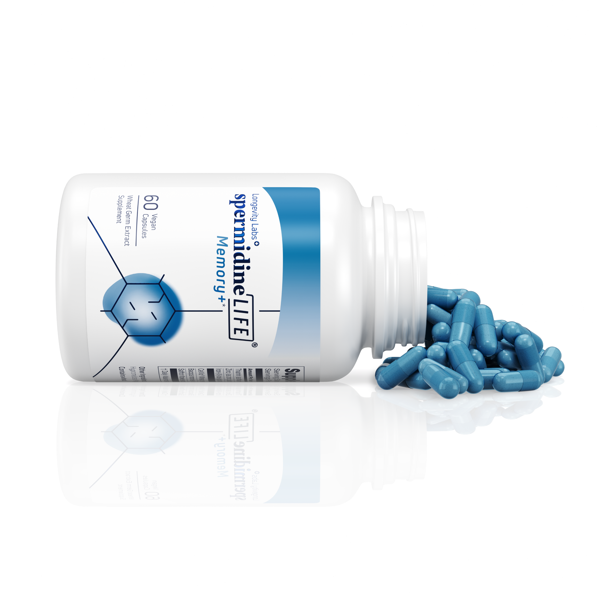 A white bottle labeled "spermidineLIFE® Memory+ 1300mg Dietary Supplement" with blue capsules spilling out. The label indicates 60 capsules for brain health, featuring natural spermidine-rich wheat germ extract to support your brain cells, brought to you by spermidineLIFE® by Longevity Labs, Inc.