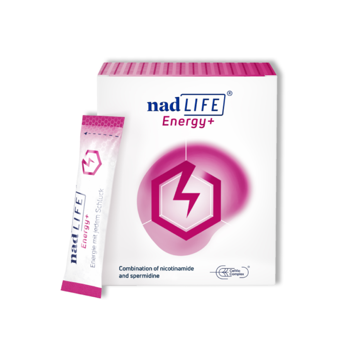 Box of nadLIFE® Energy+ Dietary Supplement by spermidineLIFE® from Longevity Labs, Inc. Contains a single sachet highlighting nicotinamide and spermidine to support cell regeneration. The label features a hexagon logo with a lightning bolt for an added energy boost.