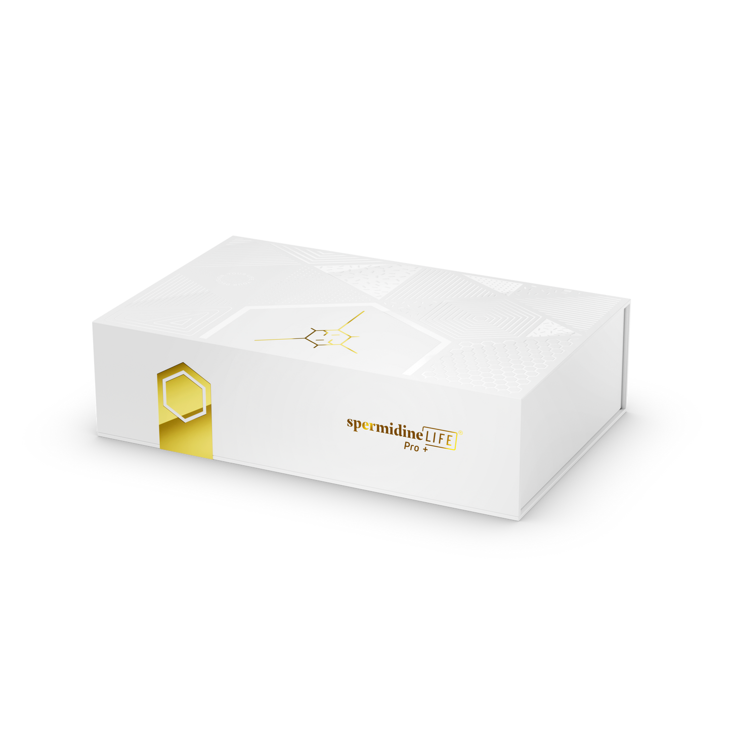 Rectangular white box labeled "spermidineLIFE® Pro+ 4300mg 30-Pack" by Longevity Labs, Inc, with gold accents and geometric lid design, featuring Celvio Complex for enhanced autophagy support against a black background.