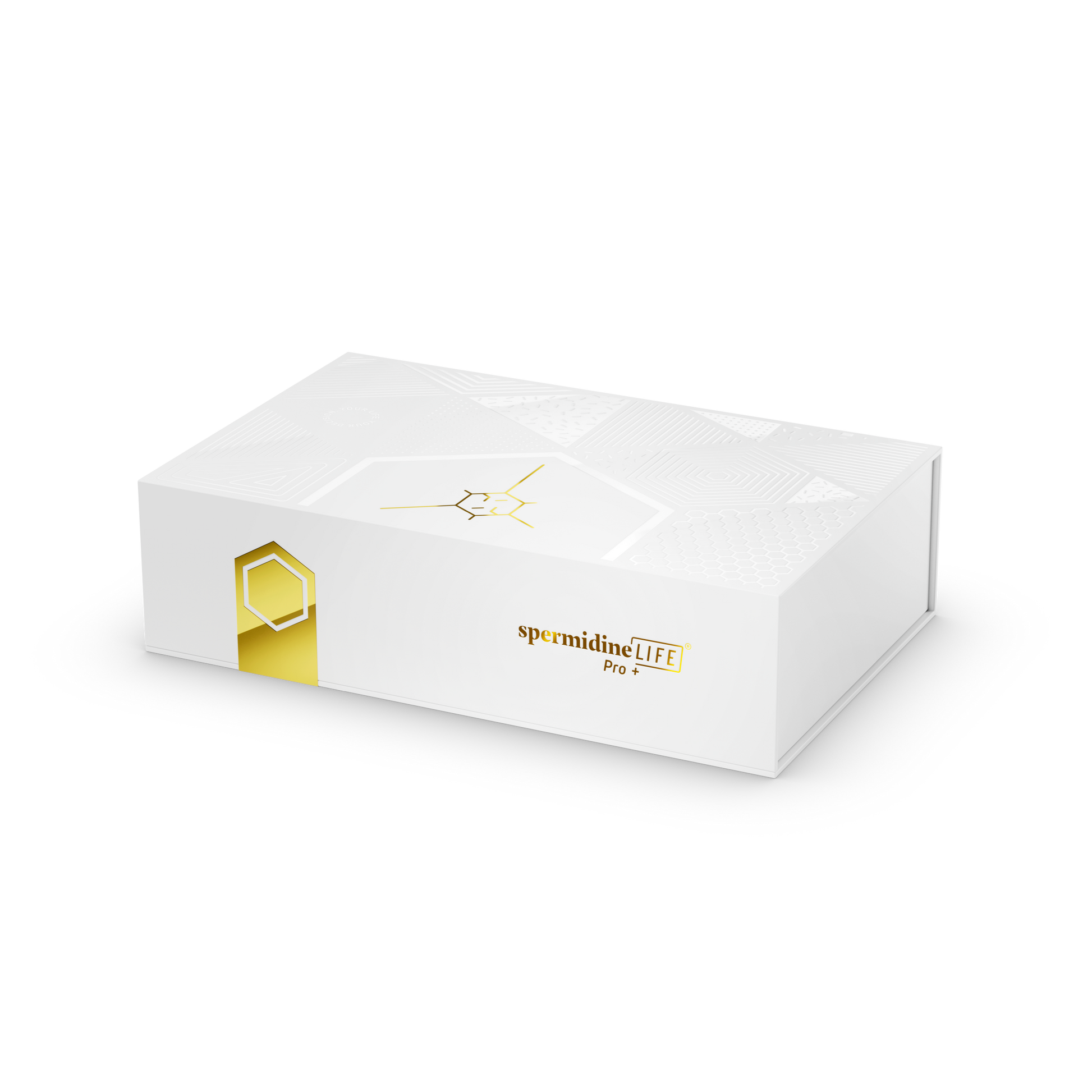 A white box with a gold logo on it containing sachet-packs of spermidineLIFE PRO+® in 6mg daily dose has been replaced with "A white box with a gold logo on it containing sachet-packs of spermidineLIFE® Pro+ 4300mg 30-Pack Drawer from Longevity Labs, Inc.