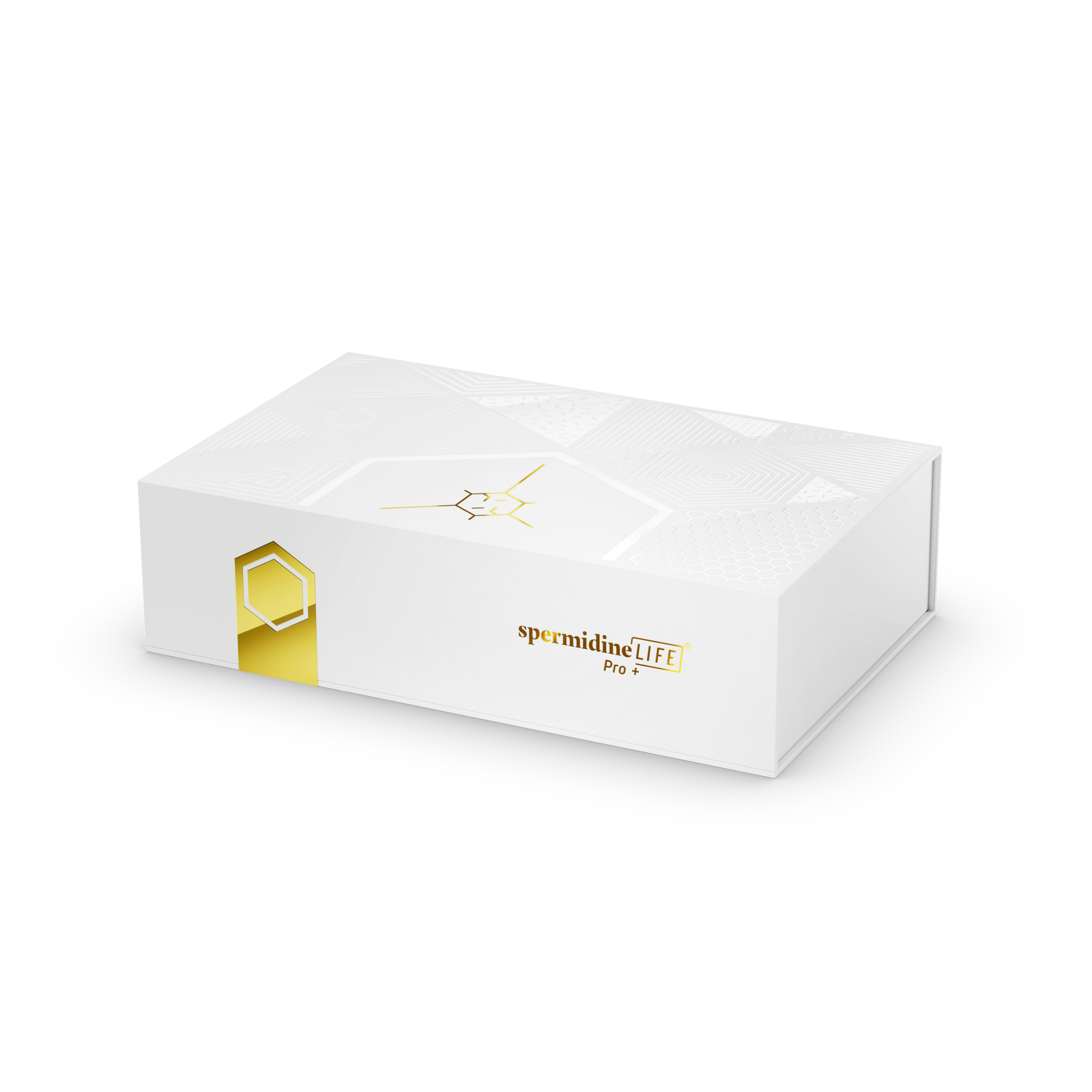 Rectangular white box labeled "spermidineLIFE® Pro+ 4300mg 30-Pack" by Longevity Labs, Inc, with gold accents and geometric lid design, featuring Celvio Complex for enhanced autophagy support against a black background.