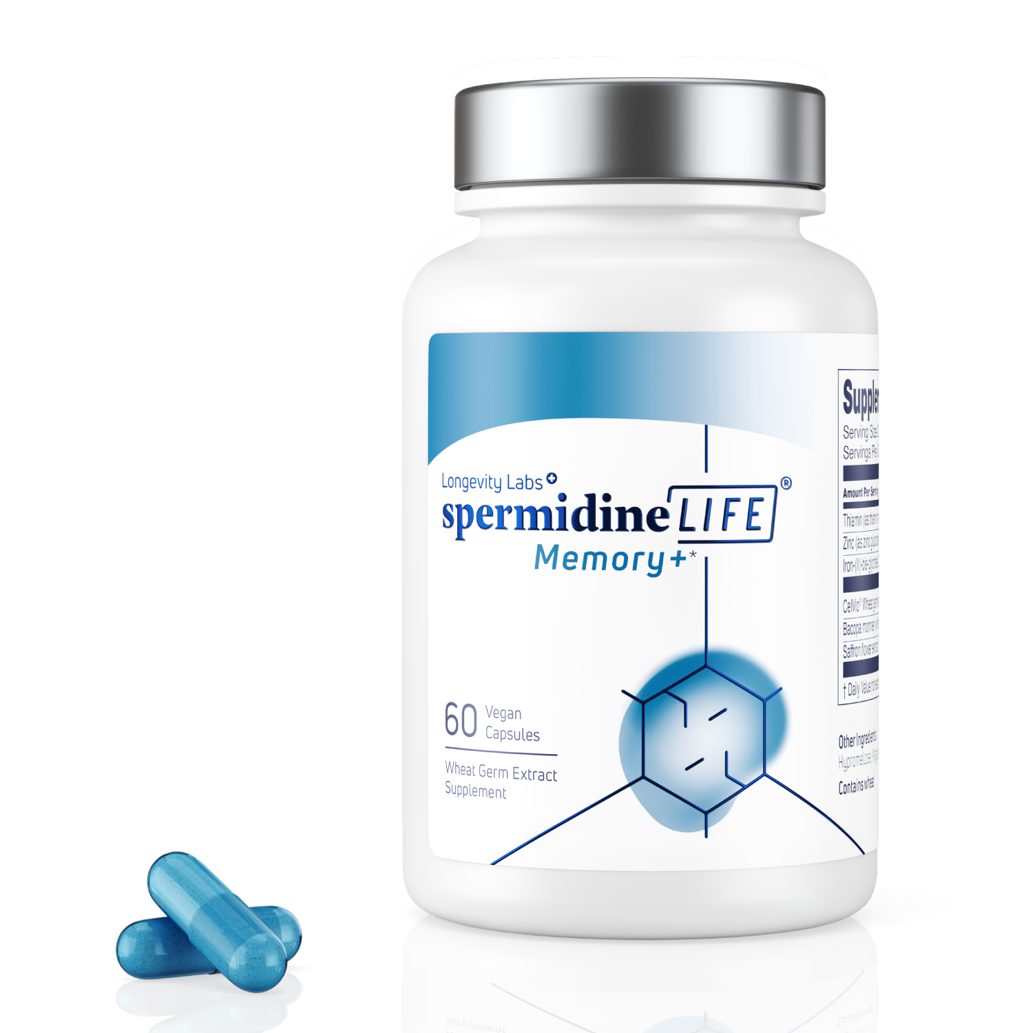 A white bottle labeled "spermidineLIFE® Memory+ 1300mg Dietary Supplement" by Longevity Labs, Inc., containing 60 vegan capsules with natural spermidine-rich wheat germ extract, beside two loose blue capsules.