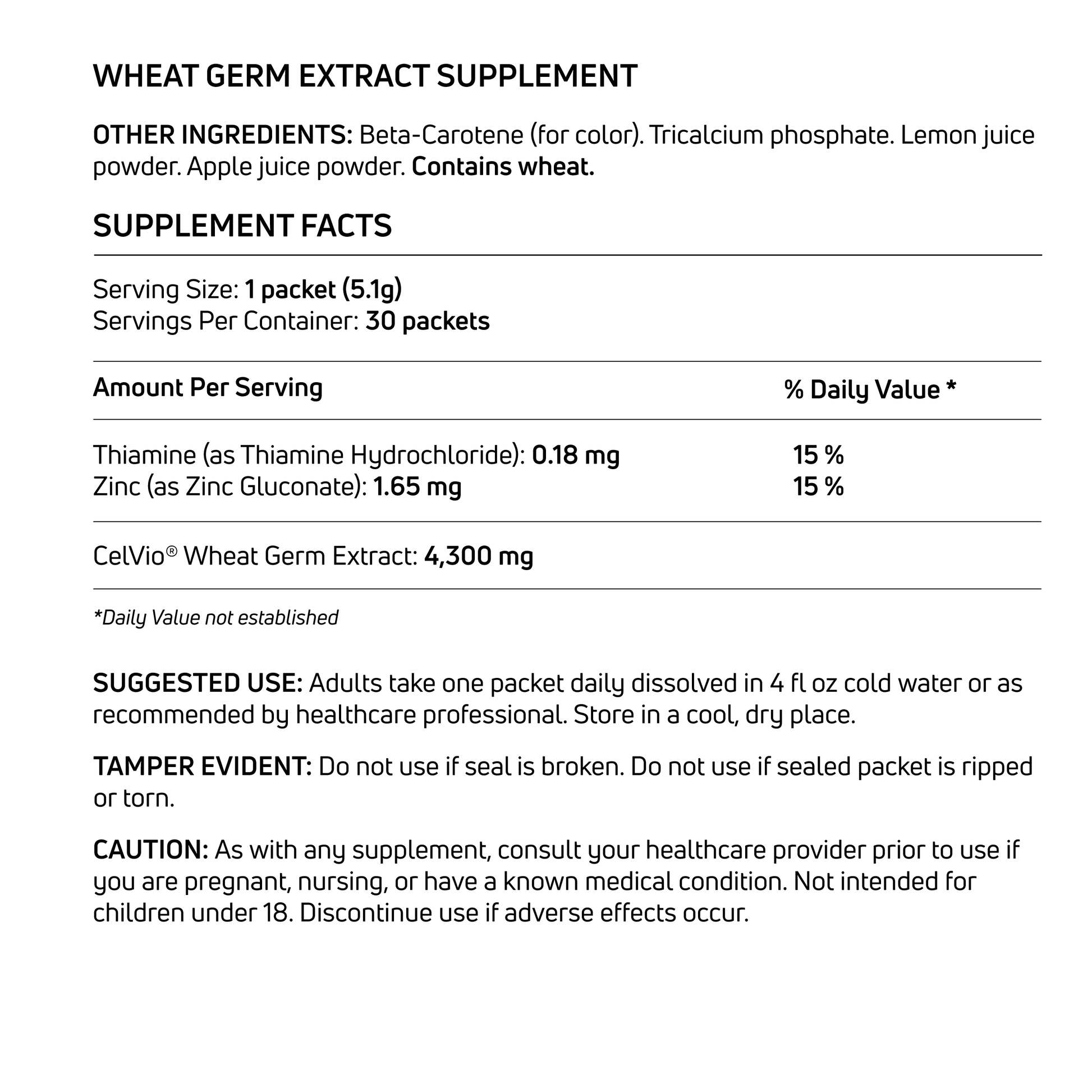 Supplement label for spermidineLIFE® Pro+ 4300mg 30-Pack by Longevity Labs, Inc shows Wheat Germ Extract with Celvio® Complex, serving size, thiamine and zinc content, directions, tamper warning, and caution statement.