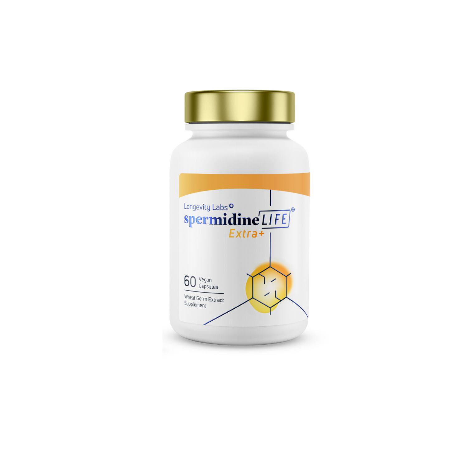 A bottle of spermidineLife® Extra+ 1300mg Dietary Supplement by Longevity Labs, Inc for cellular renewal on a white background.