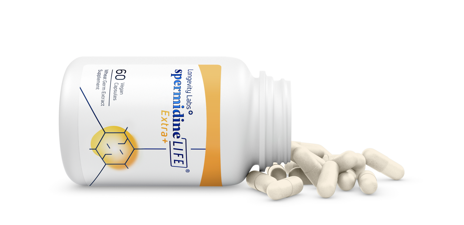 A bottle of vitamin E promoting cellular health and longevity, containing white pills displayed against a white background.