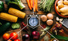 A clock surrounded by vegetables