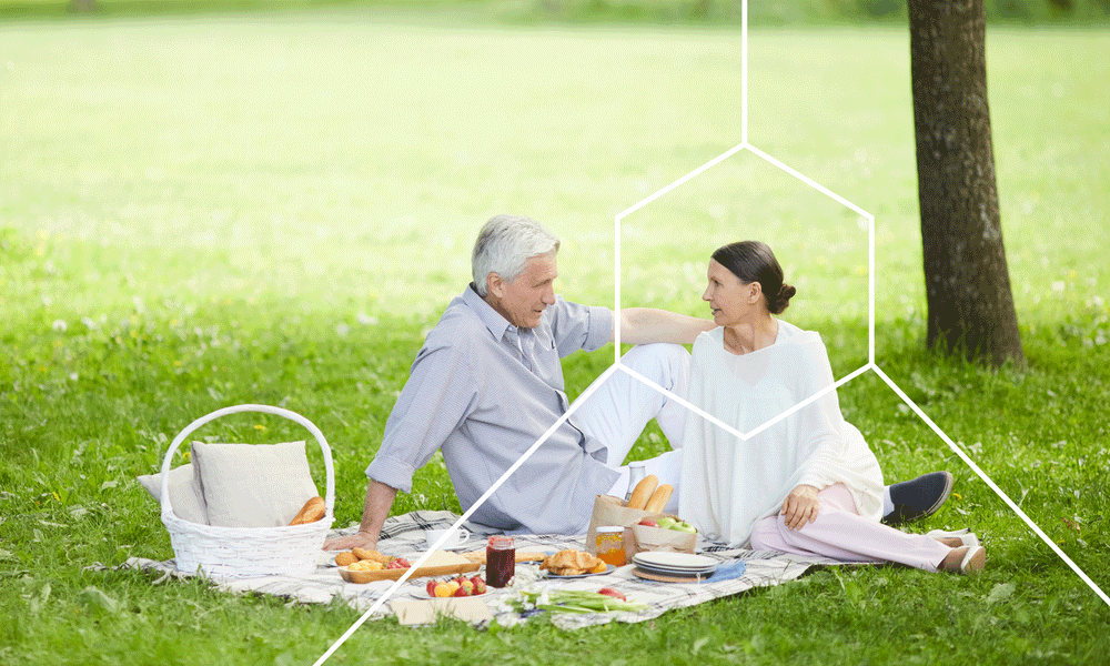 Elderly couple enjoying a picnic in the park and talking about the causes of low life expectancy