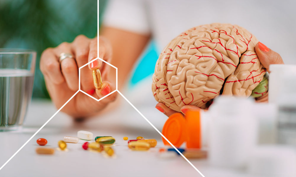 Woman holding supplements next to a model of a brain representing the importance of brain health