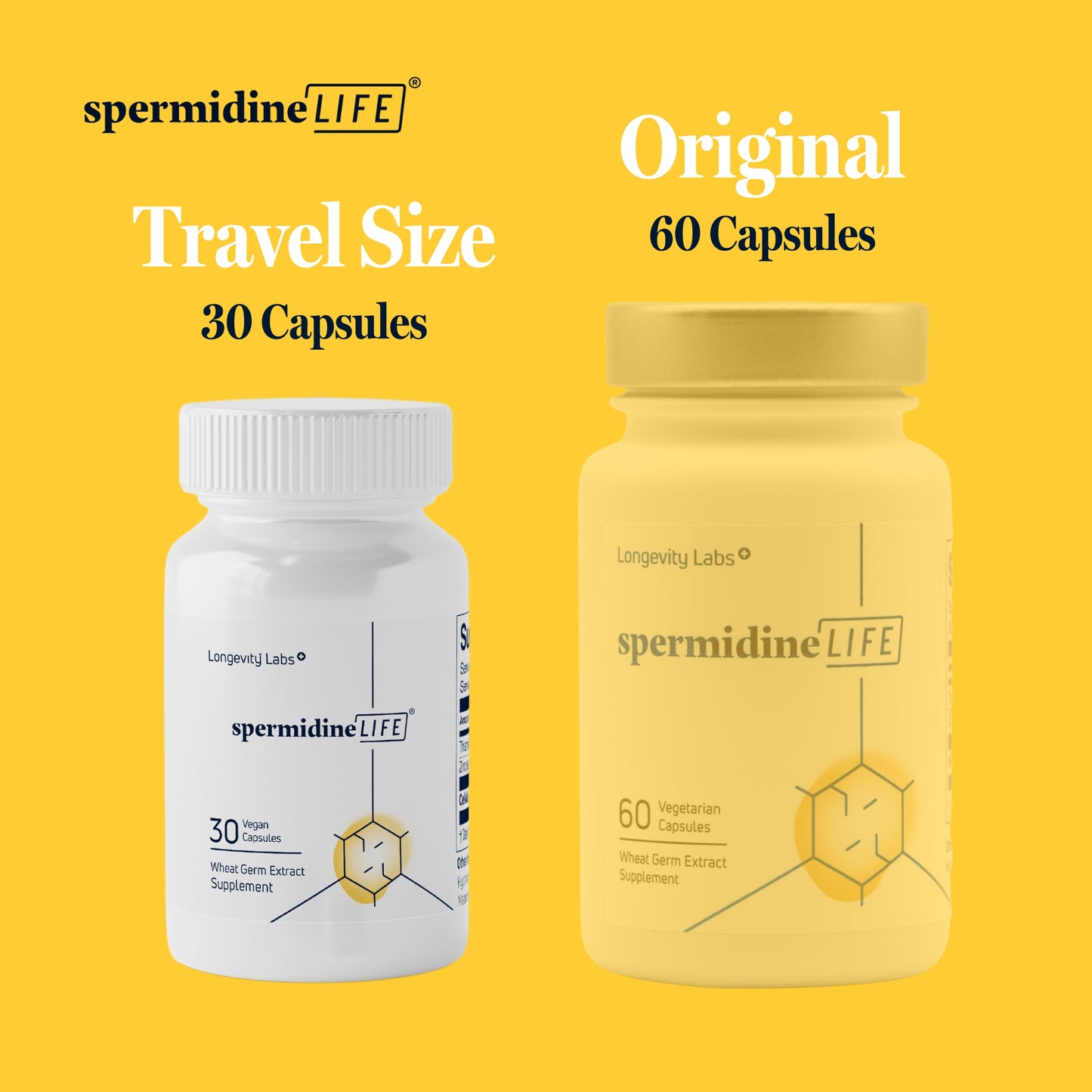 A travel-sized dietary supplement called spermidineLIFE® 400mg, specially formulated with Longevity Labs, Inc for cellular renewal.