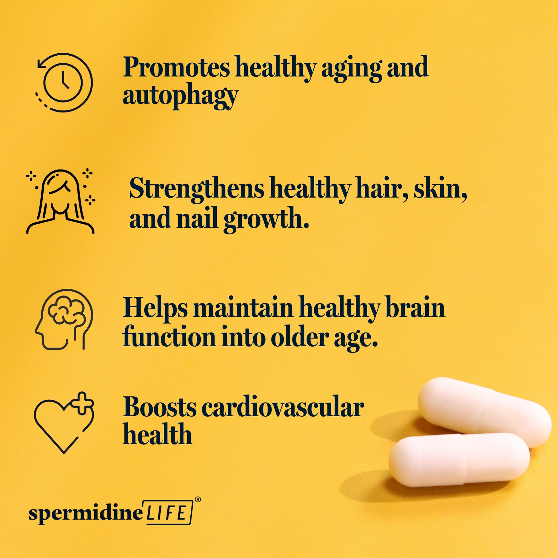 A yellow background with the words promote healthy ageing and autoimmunity, emphasizing the benefits of Longevity Labs, Inc's spermidineLIFE® 400mg Travel-Sized Dietary Supplement for cellular renewal.