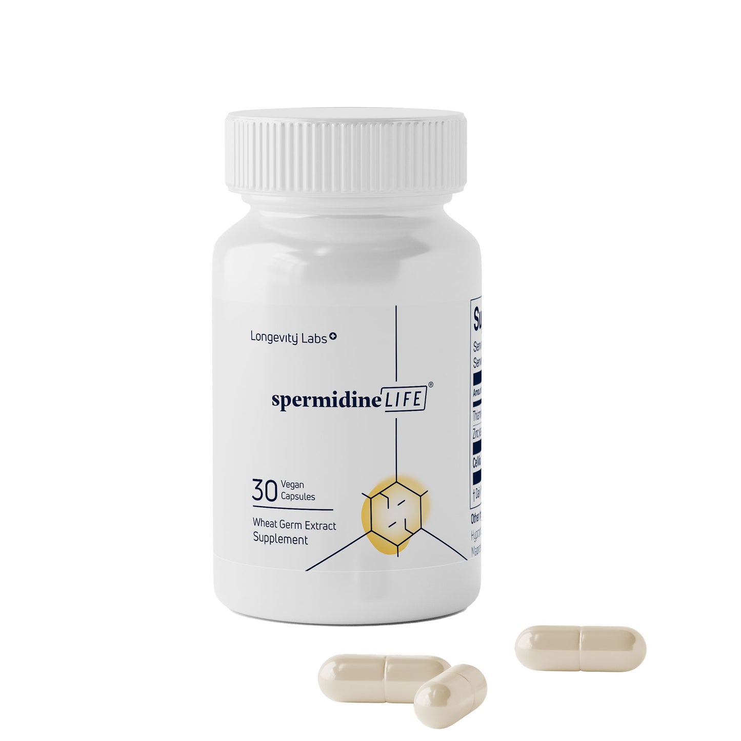 A bottle of sporamin with wheat germ extract and two spermidineLIFE® 400mg Travel-Sized Dietary Supplement pills next to it, serving as a dietary supplement.