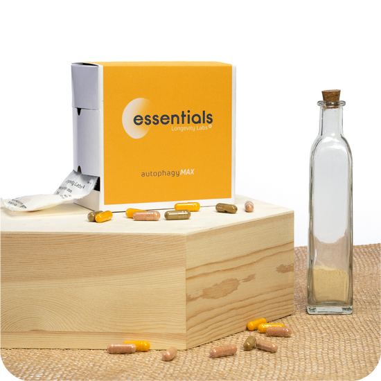 A bottle of spermidineLIFE essentials next to a wooden box.