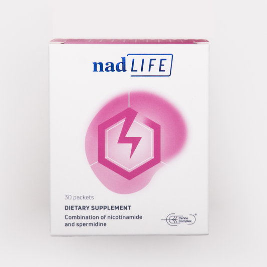 A white box of nadLIFE® Energy+ Dietary Supplement by spermidineLIFE® by Longevity Labs, Inc. with a pink design. The box contains 30 packets, and the supplement combines nicotinamide and spermidine for cell regeneration and an energy boost.