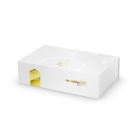 Rectangular white box labeled "spermidineLIFE® Pro+ 4300mg 30-Pack" by Longevity Labs, Inc, with gold accents and geometric lid design, featuring Celvio Complex for enhanced autophagy support against a black background.