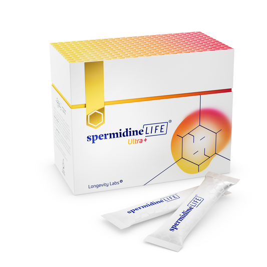 A package of spermidineLIFE® Ultra+ 2150mg Dietary Supplement by Longevity Labs, Inc. with a box on it.
