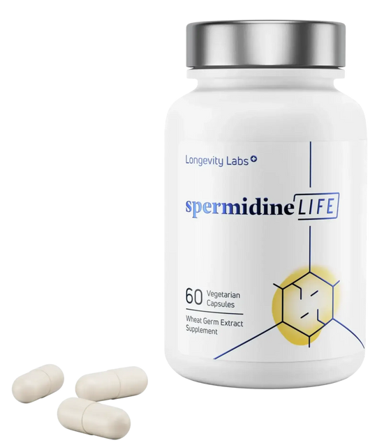SpermidineLIFE enhances longevity with 60 black capsules promoting spermidine benefits.