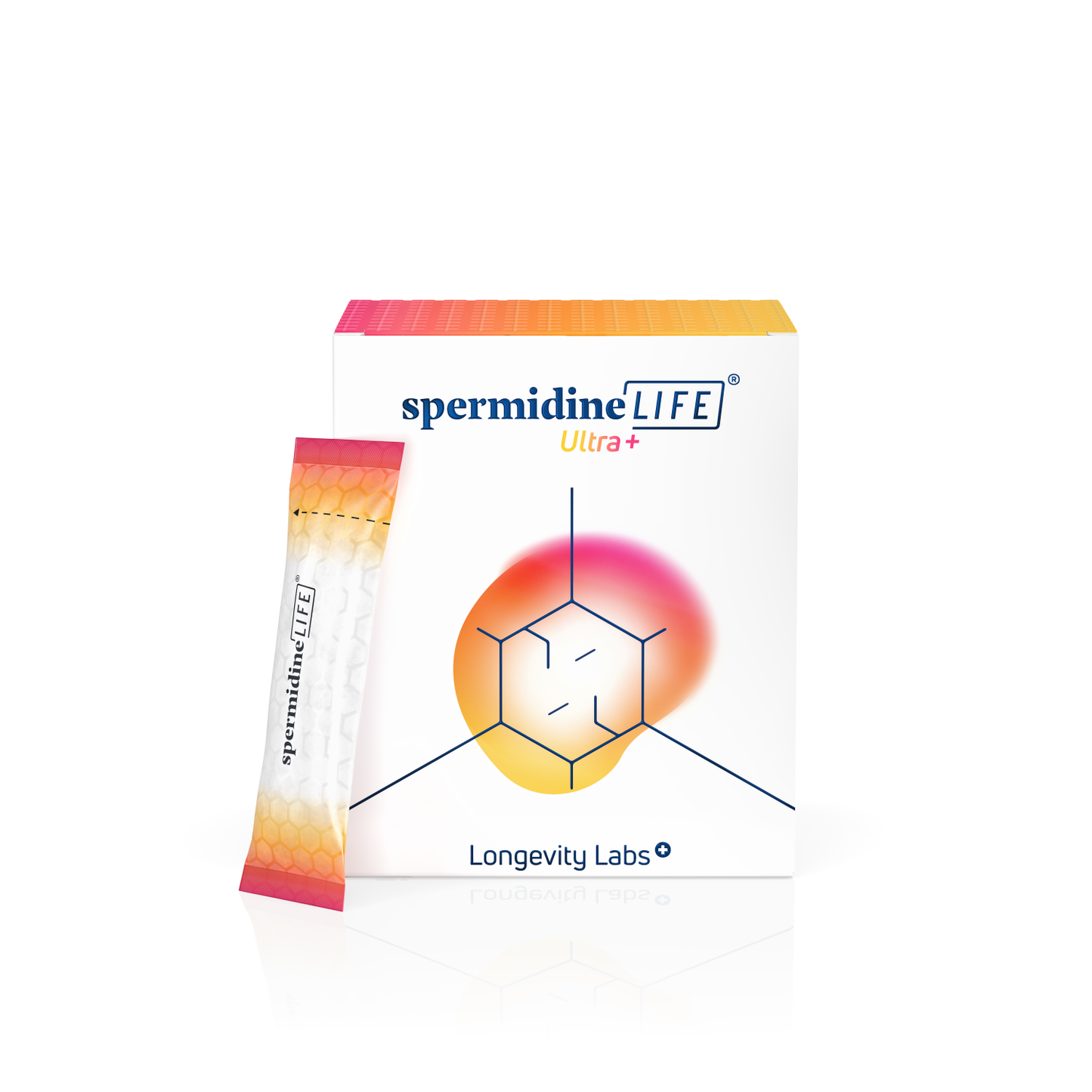 Box of Longevity Labs, Inc’s spermidineLIFE® Ultra+ 2150mg dietary supplement featuring CelVio® Complex, with a single sachet next to it.